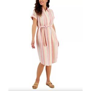 Style & Co. Striped Short Sleeve Shirtdress w/ Waist Tie Size Medium Rainbow